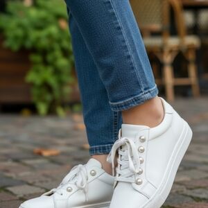 Pearl stud Embellished White 2" platform Leather Sneakers Comfortably Chic